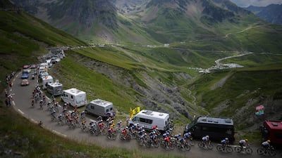 The peloton climbs Col du Tourmalet pass. AP