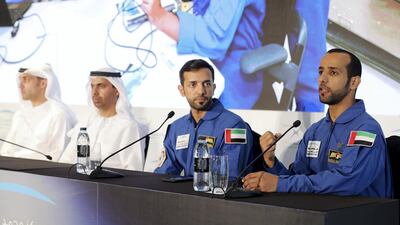 From left to right; Salem Humaid Al Marri, assistant DG, head of the UAE astronaut programme, Yusuf Al Shaibani, director general of MBRSC, Sultan Al Neyadi and Hazza Al Mansouri