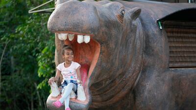 A child on a statue of a hippo at the entrance of Hacienda Napoles, that was once the private zoo with illegally imported hippos and other animals that belonged to the late drug lord Pablo Escobar, in Puerto Triunfo, Colombia, on February 15. Colombia's Environment Ministry announced hippos are an invasive species, whose growing numbers pose a threat to biodiversity. AP