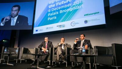 Dr Sultan Al Jaber gives the closing remarks at the Irena conference in Paris. Courtesy Apco Worldwide