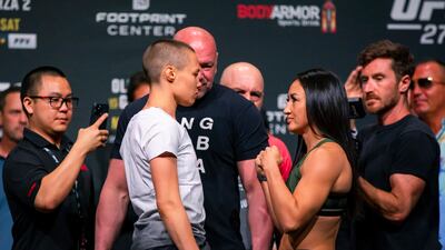 Rose Namajunas faces off with Carla Esparza during the weigh-in for UFC 274. Reuters