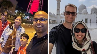 Left, Anubha Srivastava with her family in Dubai. Right, Rowan Beard and his wife Maria outside Sheikh Zayed Grand Mosque in Abu Dhabi. Photo: Srivastava family / Rowan Beard