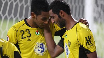 Maher Jassim, right, celebrates his late winner against Al Jazira in the Etisalat Cup tie at Mohammad Bin Zayed stadium Pawan Singh / The National