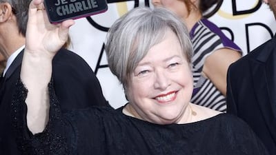 Kathy Bates holds her cellphone reading ‘Je Suis Charlie’ (I am Charlie) EPA