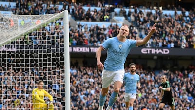 Erling Haaland of Manchester City celebrates the first goal against Leicester City at the Etihad Stadium on Saturday, April 15, 2023. Getty