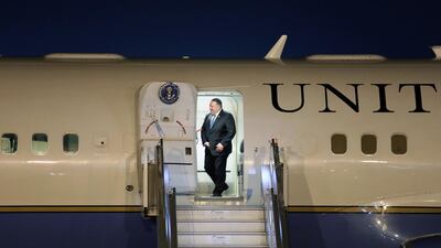 Mike Pompeo arrives at Air Force Station Palam in Delhi, India. Bloomberg