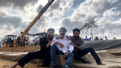 S S Rajamouli, N T Rama Rao Jr, and Ram Charan in 'RRR', which is set to be released in 2021. IMDb