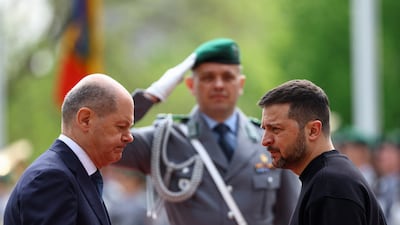 German Chancellor Olaf Scholz, left, welcomes Ukraine's President Volodymyr Zelenskyy at the Chancellery in Berlin on Sunday. Reuters