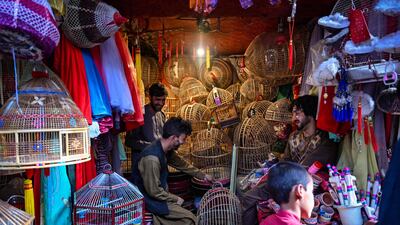 Vendors prepare bird cages.