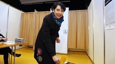 Birgitta Jonsdottir of the Pirate party (Pirater) casts her vote at a polling station in Reykjavik, Iceland, Saturday, Oct. 29, 2016. Icelanders are voting Saturday in a national election, with the anti-authoritarian Pirate Party hoping to unseat the centre-right government amid public discontent at traditional elites. AP