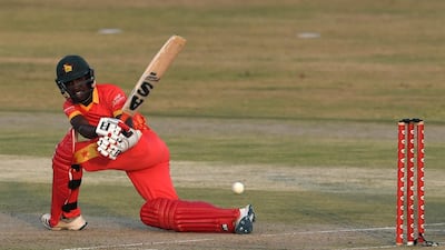 Zimbabwe's Wesley Madhevere plays a shot during the third Twenty20 match against Pakistan at the Rawalpindi Cricket Stadium on November 10, 2020. AFP