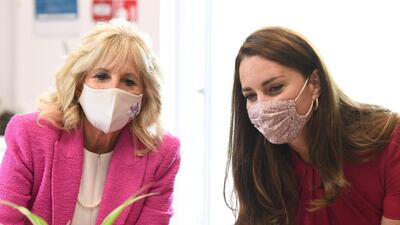 Catherine, Duchess of Cambridge and Jill Biden chat with children. AFP
