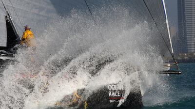 The Abu Dhabi boat Azzam cuts through the choppy sea as it completes leg two, Cape Town South Africa to Abu Dhabi. Mike Young / The National