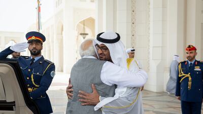 President Sheikh Mohamed receives Narendra Modi, Prime Minister of India, at Qasr Al Watan on Saturday. Ryan Carter / UAE Presidential Court