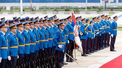 The Serbian honour guard participates in a reception for Sheikh Mohamed at the Palace of Serbia. Photo: Ryan Carter / UAE Presidential Court