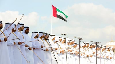 Traditional Emirati wedding songs and dances are performed at the wedding of Sheikh Hamdan bin Saeed Al Nahyan and the daughter of Sheikh Khalifa bin Mohammed Al Nahyan in Abu Dhabi on Tuesday. Wam