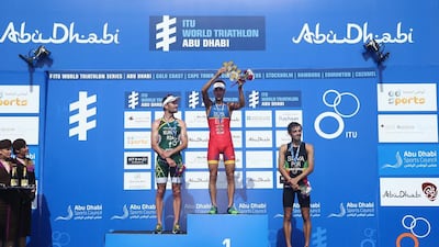 (L to R) Richard Murray of South Africa (silver), Mario Mola of Spain (gold) and Joao Silva of Portugal (bronze) pose on the podium after the Elite Men’s 2016 ITU World Triathlon Abu Dhabi on March 5, 2016 in Abu Dhabi, United Arab Emirates. (Photo by Warren Little/Getty Images)