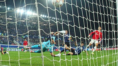 Manchester United's Cristiano Ronaldo scores during the Champions League match against Atalanta at the Gewiss Stadium in November, 2021. EPA