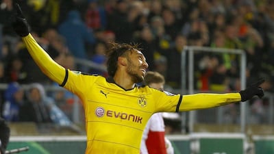 Pierre-Emerick Aubameyang of Borussia Dortmund celebrates his goal against Stutgart in the DFB-Pokal quarter-final on Tuesday night; Kai Pfaffenbach / Reuters / February 9, 2016