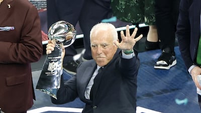 Philadelphia Eagles owner Jeffrey Lurie holds the Vince Lombardi Trophy after the Eagles won Super Bowl LIX against the Kansas City Chiefs at Caesars Superdome in New Orleans. EPA