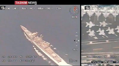 A screenshot from footage of an Iranian drone allegedly spying on a US warship. Tasnim News