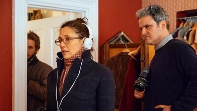 Director Rebecca Miller with Sam Levy and Travis Fimmel on the set of Maggie’s Plan. Courtesy Front Row Filmed Entertainment