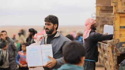 A man carrying a box of humanitarian aid distributed by Syrian Arabic Red Crescent (SARC) at al-Rukban Camp near the Jordanian border, south-east Syria, 7 November 2018. EPA/SARC