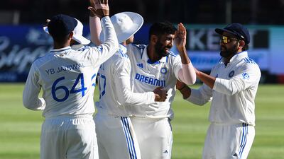 India's Jasprit Bumrah celebrates with teammates after the dismissal of South Africa's Tristan Stubbs. AFP