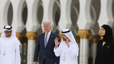 Joe Biden at the Sheikh Zayed Grand Mosque. Kamran Jebreili / AP Photo