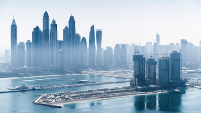DUBAI, UNITED ARAB EMIRATES. 18 JANUARY 2021. Dubai skyline seen from St Regis hotel on the Palm Jumeirah. (Photo: Reem Mohammed/The National) Reporter: Section: