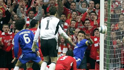 Luis Garcia scores the infamous 'ghost goal' against Chelsea in the Uefa Champions League semi-final in 2005. Ian Hodgson / Reuters