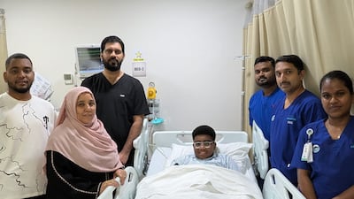 Mazin Muntassir Hassan with relatives and Dr Naveed Ahmed and members of the cardiology team at Aster Hospital Mankhool in Dubai. Photo: Aster DM Healthcare