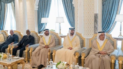 From right, Zaki Anwar Nusseibeh, UAE Minister of State; Omar bin Sultan Al Olama, UAE Minister of State for Artificial Intelligence; Ahmed bin Al Sayegh, Minister of State; Altayeb Abdul Ghafour Abdul Wahab; and Judge Sabri Shams Aldeen Mohamed, attend the swearing-in ceremony. Rashed Al Mansoori / Crown Prince Court - Abu Dhabi