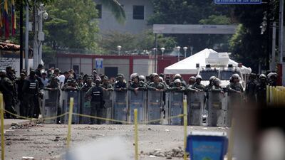 Venezuelan National Guards seen from the Colombian side of the Simon Bolivar bridge on February 24, 2019. reuters
