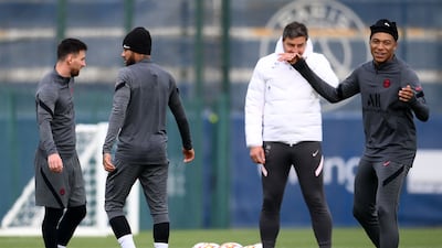 Lionel Messi, Kylian Mbappe and Neymar take part during a PSG training session. AFP