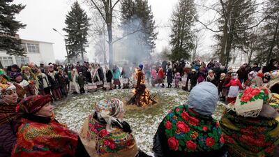 Villagers take part in a festive game during celebration of Maslenitsa, or Pancake Week, in the Rachen village, Belarus. Vasily Fedosenko / Reuters