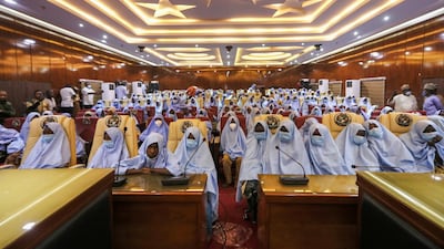 Girls who were kidnapped from a boarding school in the northwest Nigerian state of Zamfara, are seen after their release in Zamfara, Nigeria. Reuters