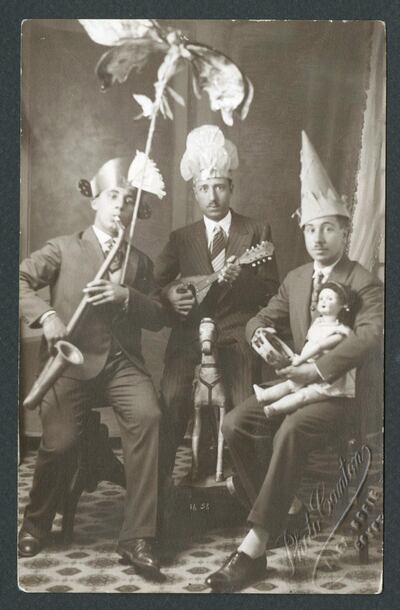 Three men posing with studio props, Alexandria, Egypt. Copyright Yasser Alwan and Akkasah Center for Photography. Courtesy of the Akkasah_ Center for Photography_