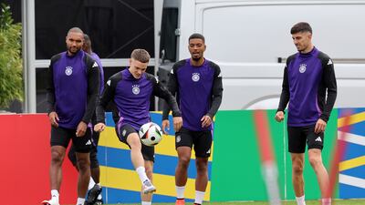 German players, left to right: Jonathan Tah, Florian Wirtz, Benjamin Henrichs and Kai Havertz attend training. EPA