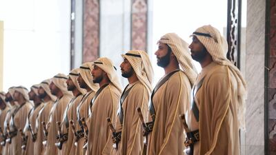 Members of the UAE Armed Forces Honour Guard participate during a reception for Emmerson Mnangagwa, President of Zimbabwe (not shown), at the Presidential Airport. Ryan Carter for the Ministry of Presidential Affairs