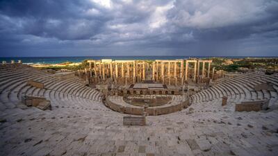 View of the theatre at sunset, Leptis Magna in Libya. The International Alliance for the Protection of Heritage in Conflict Areas (Aliph) will seek to assist 20 international programmes.