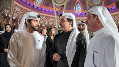Sheikh Mansour bin Zayed, Deputy Prime Minister and Minister of Presidential Affairs, and Sheikh Hamdan bin Mohammed attend the opening of Al Wasl Plaza at Expo 2020 Dubai site on January 29. Mohamed Al Hammadi / Ministry of Presidential Affairs