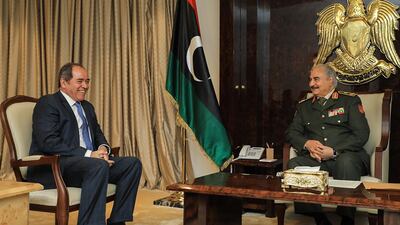Field Marshall Khalifa Haftar (R) meeting with Algeria's Foreign Minister Sabri Boukadoum in the coastal city of Benghazi in eastern Libya, to discuss Algiers' efforts for a political solution to the Libyan conflict. AFP
