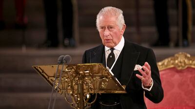 King Charles III speaks at Westminster Hall, where both Houses of Parliament were meeting on Monday to express their condolences after the death of Queen Elizabeth II. AP
