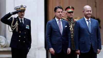 Italian Prime Minister Giuseppe Conte and Iraqi President Barham Salih at Chigi Palace Premier office in Rome, Thursday, Nov. 22, 2018. AP