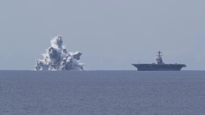 The aircraft carrier USS Gerald R. Ford (CVN 78) completes the first scheduled explosive event of Full Ship Shock Trials while underway in the Atlantic Ocean, June 18, 2021. The US Navy conducts shock trials of new ship designs using live explosives to confirm that warships can continue to meet demanding mission requirements under harsh conditions they might encounter in battle. Photo: US Navy