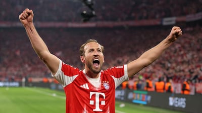 Harry Kane celebrates after Bayern Munich's 6-4 aggregate victory over Real Madrid in the Uefa Champions League quarter-finals. Getty Images
