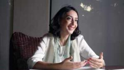 Princess Rym Ali of Jordan speaks about a new initiative she is setting up, the Jordan Media Institute, in a hotel in Dubai yesterday.