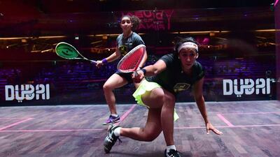 Nouran Gohar, right, won her opening match against fellow Egyptian Raneem El Welily at the PSA Dubai World Series Finals on Tuesday. Giuseppe Cacace / AFP