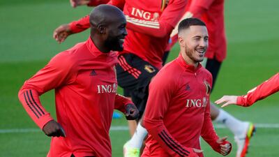 Belgian players Eden Hazard and Romelu Lukaku during training ahead of their Nations League semi-final against France. EPA